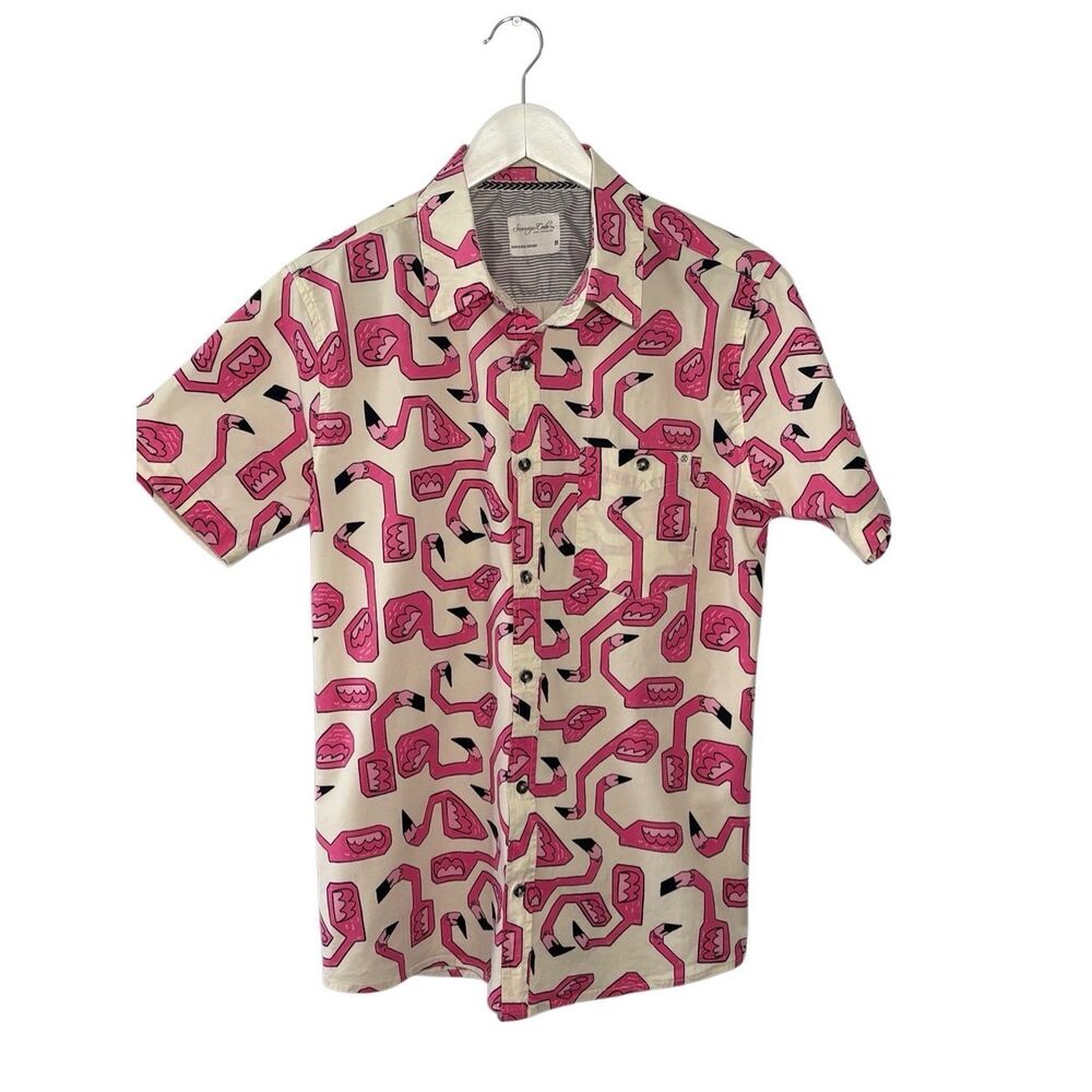 Sovereign Code pink flamingo short sleeve cotton button down shirt - M